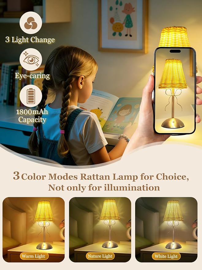 Boho Bow Rattan Table Lamp, Cordless Wicker Woven Vintage Table Lamp - LED Rechargeable Touch Control 3 Color Dimmable Reading Bedside Lamp for Bedroom Living Room Office, Home Outdoor Decor