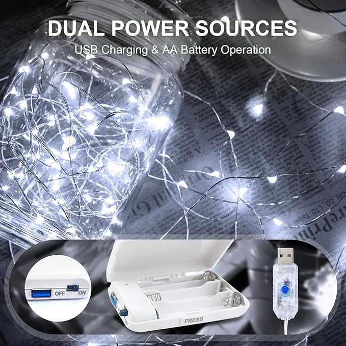 Aogist 2-Pack 50LED Fairy Lights 16ft Dual Power(USB/Battery) with Remote & Timer, 8 Modes Flexible Copper Wire Waterproof String Lights for Outdoor Christmas Wedding Bedroom Party Decor,White