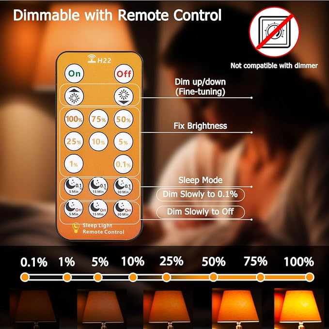 Sleep Light Bulbs Amber 1600K with Remote Control, Blue Light Blocking A19, 9W for Sleep Therapy, Baby Nursery, Bedroom (6 Pack)