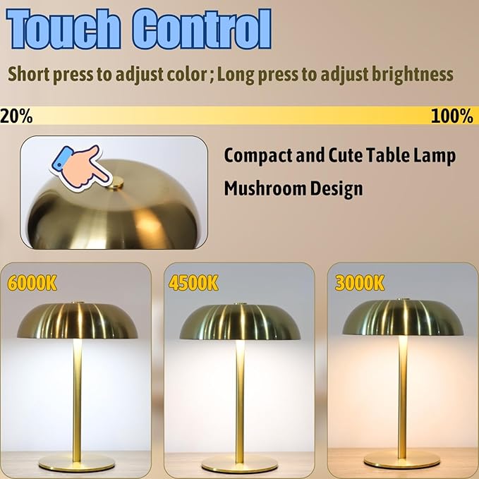 Portable LED Mushroom Table Lamp, 8.46'' Small Cordless Desk Night Light with 5200mAh Rechargeable Battery, Stepless Dimming Lamp with 3 Colors for Bedroom/Bar/Coffee Shop (Silver)