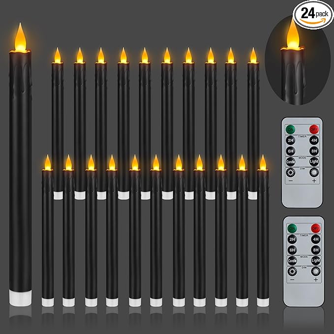 Flameless Taper Candles 10.6" Dripless Battery Operated Taper Candles Included Remote Timer 400+ Hours by 2AA Batteries for Halloween Christmas Wedding (Black, 24 Pack)