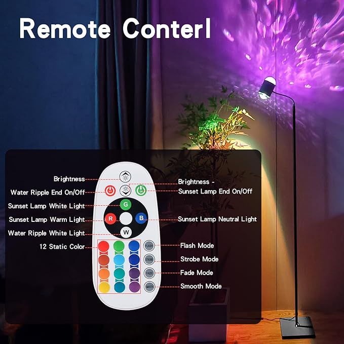 Sunset Lamp Projector Led Lights 3D Ocean Wave with Remote, 16 Colors Night Light 720° Rotation & Four Mode with American Standard Plug, Modern Floor Stand Night Light for Bedroom (Black)