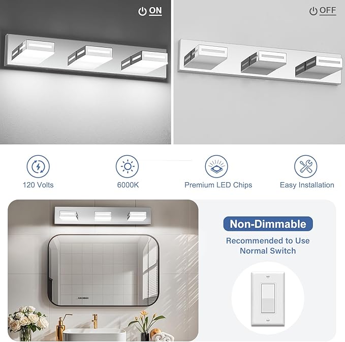 24-Inch 3-Light LED Modern Chrome Bathroom Vanity Light Fixtures Over Mirror, Bathroom Lighting Fixtures with Cool White 6000K, Rotatable Vanity Wall Lights for Bath Restroom Powder Room