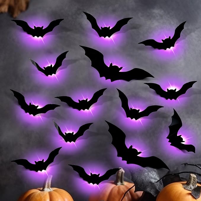 36 Pcs Halloween Bat Wall Decor with LED Lights, 3D Glowing Bat Stickers, Wall Decorations Indoor/Outdoor, LED Halloween Lights Stickers (36 Pcs Bat)