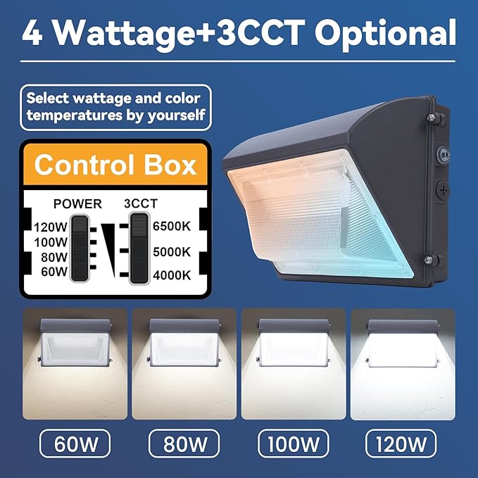 120W LED Wall Pack Light with Photocell, 4000/5000/6500K 3CCT, 60/80/100/120W Switchable, Security Lighting Dusk to Dawn Outdoor LED wall lights for Parking Lot Warehouse Barn, 100-277V, ETL Listed