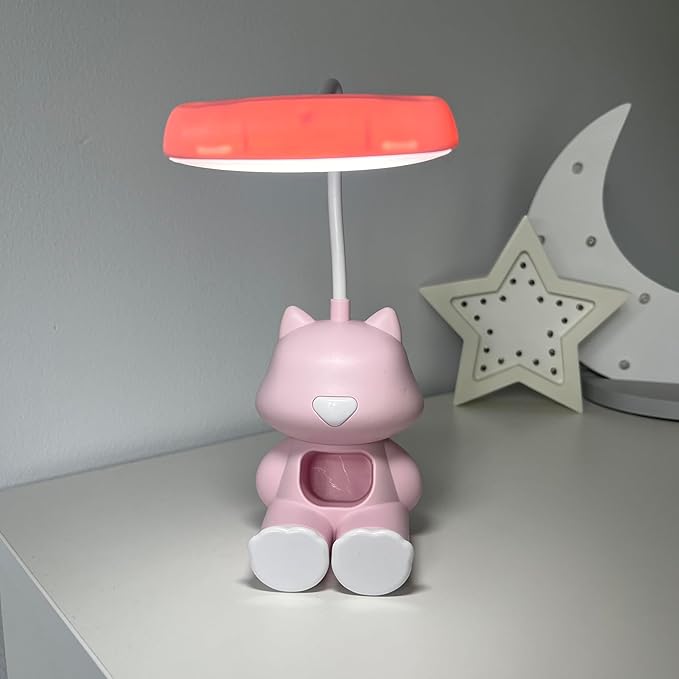 Cute Cat LED Desk Lamp with Phone Stand – Flexible Gooseneck, Rechargeable Battery, Small Organizer Compartment – Night Light for Kids' Rooms or Nursery (Pink)