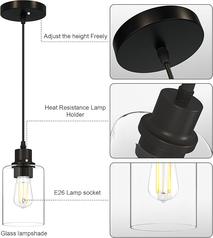 1Pack Pendant Lights Kitchen Island, Modern Industrial Pendant Light Fixtures with Glass Shade, E26 Socket Adjustable Cord for Bedroom, Dining Room,Living Room, Farmhouse Pendant Lighting