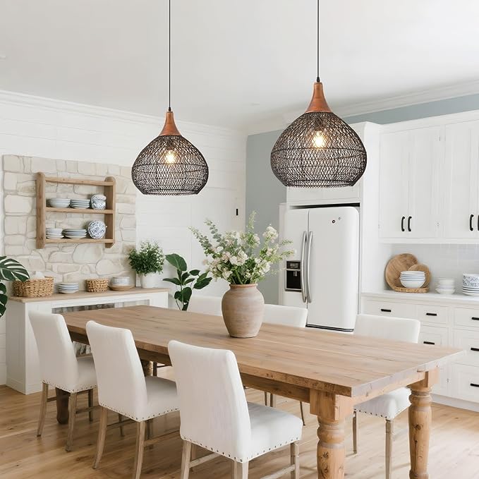 Black Rattan Pendant Light, 15.7" Rattan Chandelier Hand-Woven Wicker Pendant Light Fixtures with Solid Wood, Basket Hanging Lighting for Dining Room Kitchen Island Living Room