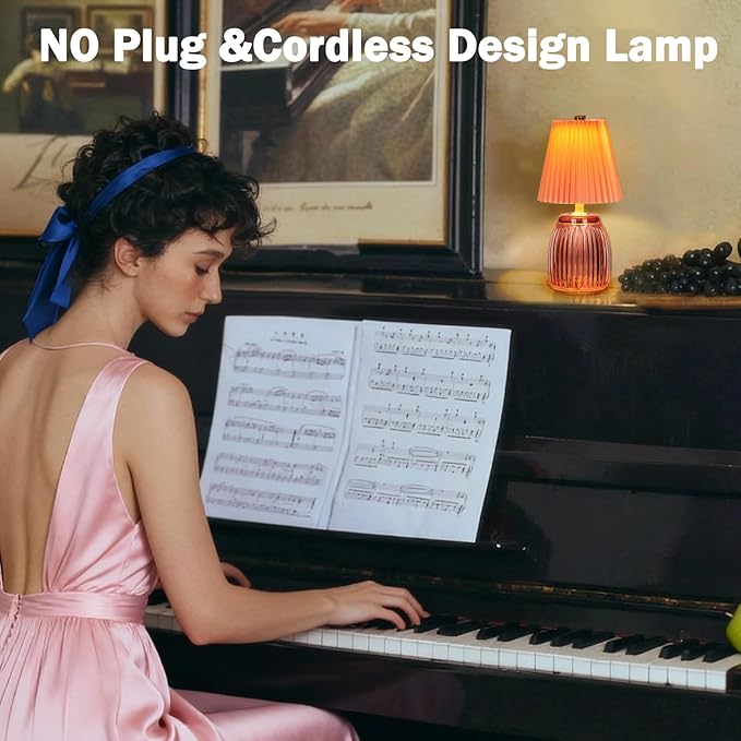 MJ PREMIER Small Battery Operated Lamp for Home Cordless Lamps with Timer 8.7 in High Battery Powered Pleated Lamp Emergency Small Lamps for Cozy Bedside Living Room Shelf Entryway Pink