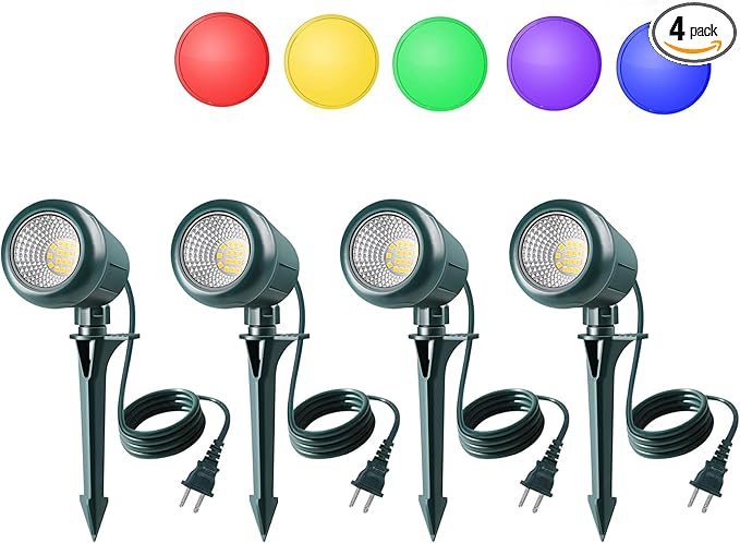 Halloween Spotlights Outdoor, 120V Plug-in Christmas Spot Light, 5000K LED Landscape Lighting with 5 Color Lenses (Red Green Blue Purple Yellow), IP67 Waterproof, 4 Pack