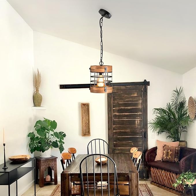 Wood Pendant Light Fixtures, Rustic Farmhouse Chandelier, Dining Room Light Fixture for Kitchen Island Foyer Hallway Bar, Height Adjustable