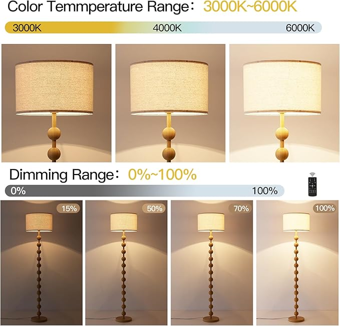 Modern Dimmable Remote Control Floor Lamp for Living Room Bedroom with LED E26 Bulb, Yellow Wood Pattern Iron Tall Standing Lamp Light with Fabric Shade for Nursery Room Home Office