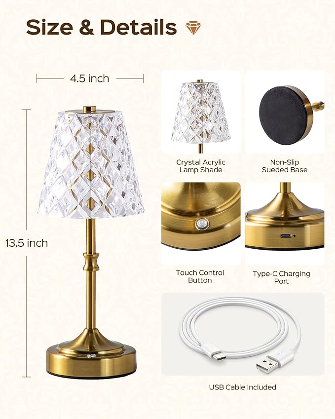 JACKYLED Cordless Lamp Rechargeable, Acrylic Crystal Lampshade, 3 Colors with Built-in Dimmer, 5400mAh Battery Operated, Wireless Lamp for Kitchen Counter Bedroom Living Room