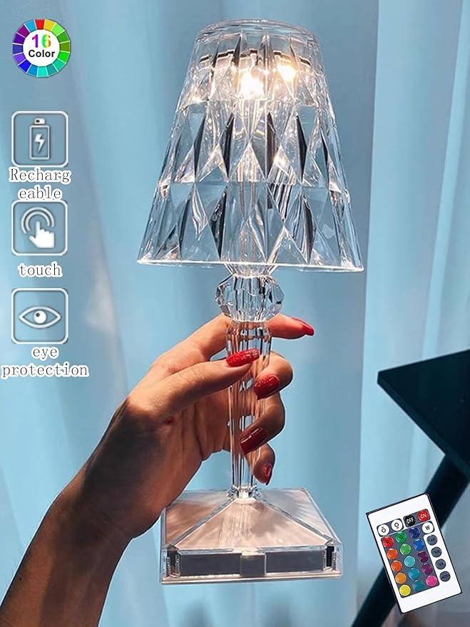 Crystal Table Lamp Touch Light LED Night Lights USB Rechargeable Cordless Lamp with 16 Color Remote Changing Portable Bedside Lamps Cute Small Lamp for Bedroom Decor Desk Lamp (Diamonds)