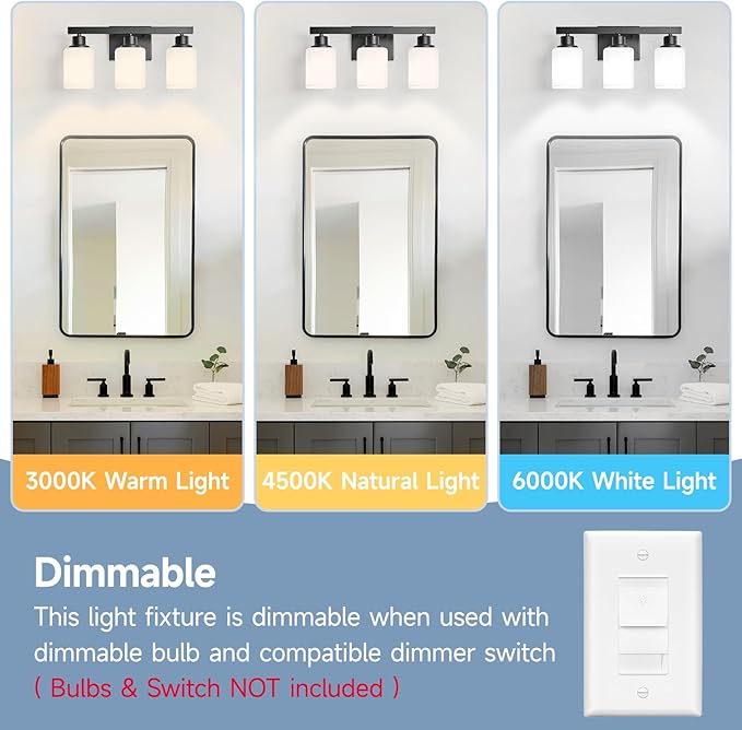 3-Light Bathroom Vanity Light,Modern Matte Black Bathroom Light Fixtures with Square Frosted Glass,Wall Sconces Lighting fixtures Over Mirror Restroom, Living Room Hallway
