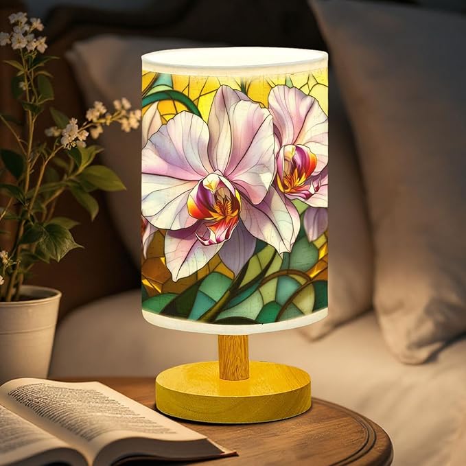 Orchid Table Lamp LED 3-Color Pressed Bedside, Orchid Shade Lamp with Wood Base for Bedroom Living Room Desk Office TL01