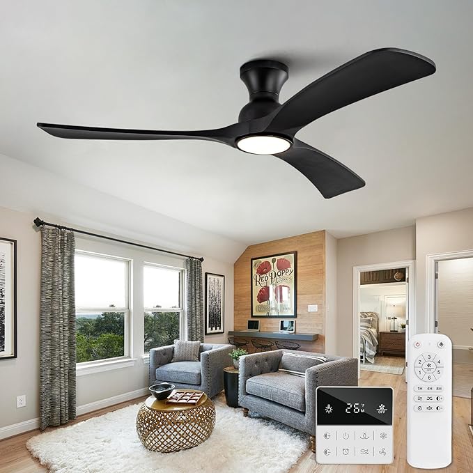 Black Ceiling Fans with Lights Flush Mount,52 inch Solid Wood,Remote Control,Wall Switch,Dimmable,Reversible,Noiseless,Power Off Memory Modern Ceiling Fan Low Profile for Bedroom Indoor/Outdoor