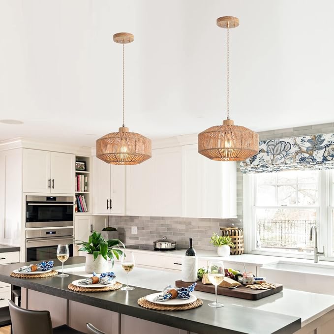 Coastal Woven Pendant Light Fixture One-Light Adjustable Natural Hemp Rope Cage Pendant Lighting for Kitchen Island Sink Farmhouse Dining Room