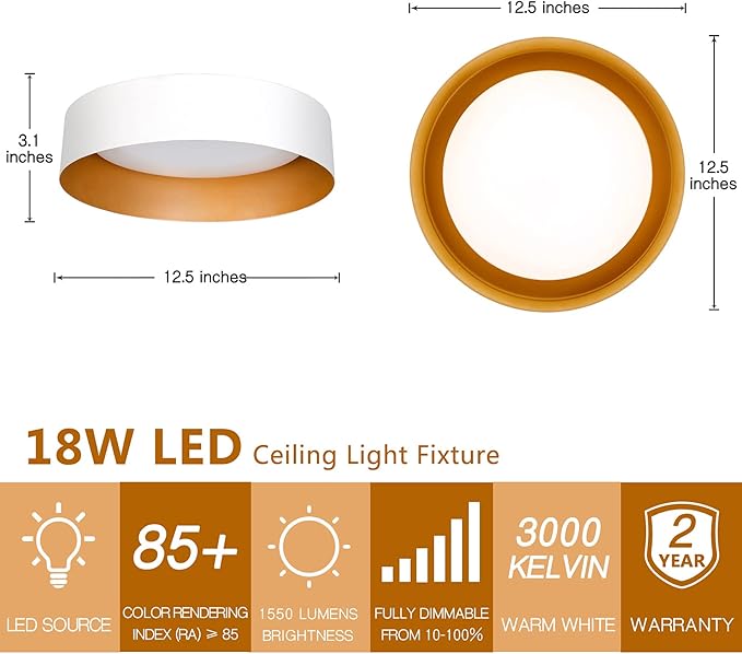 Bargeni LED Ceiling Light Fixture,12.5 inch Flush Mount Light Fixture,Matte White with Gold Inside,Dimmable 3000K/Warm White/18W(100w Equiv.),Outdoor Lighting Fixtures Ceiling for Bedroom and Hallway