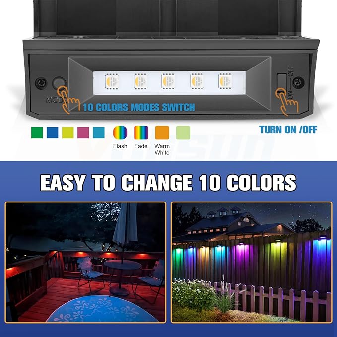 VOLISUN 8-Pack 1800mAh Outdoor Solar Fence Lights - Waterproof LED Color Glow for Step, Railing, Wall, Stairs