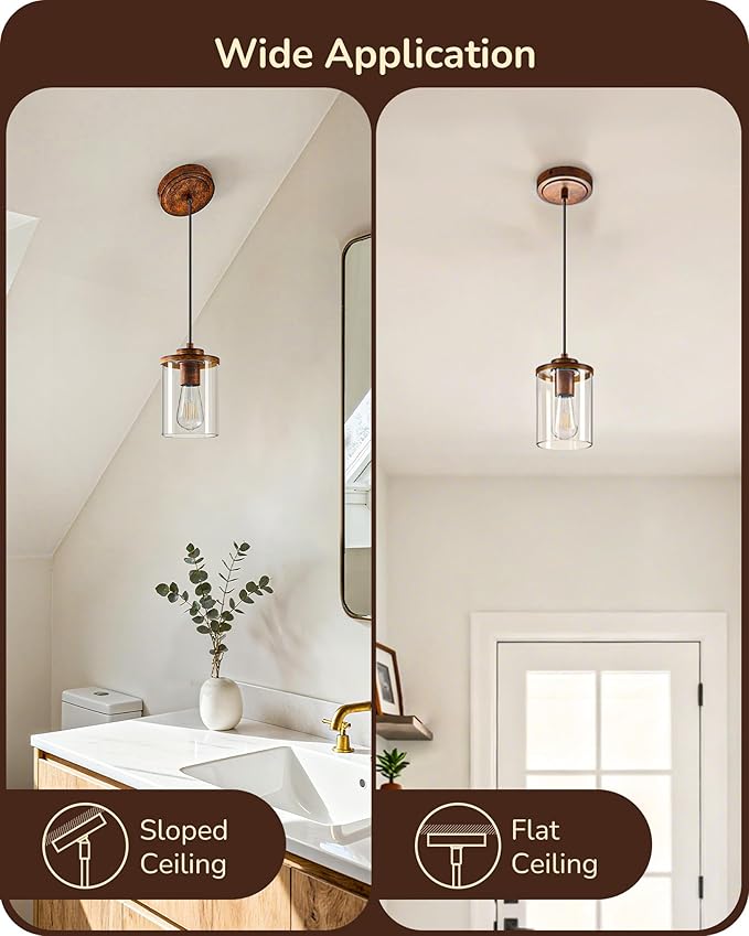 EDISHINE 2 Pack Farmhouse Pendant Lights Kitchen Island, Adjustable Pendant Light Fixtures with Brown Wood Grain Finish and Clear Glass Shade, Island Lights for Kitchen, Hallway(Bulb Not Included)