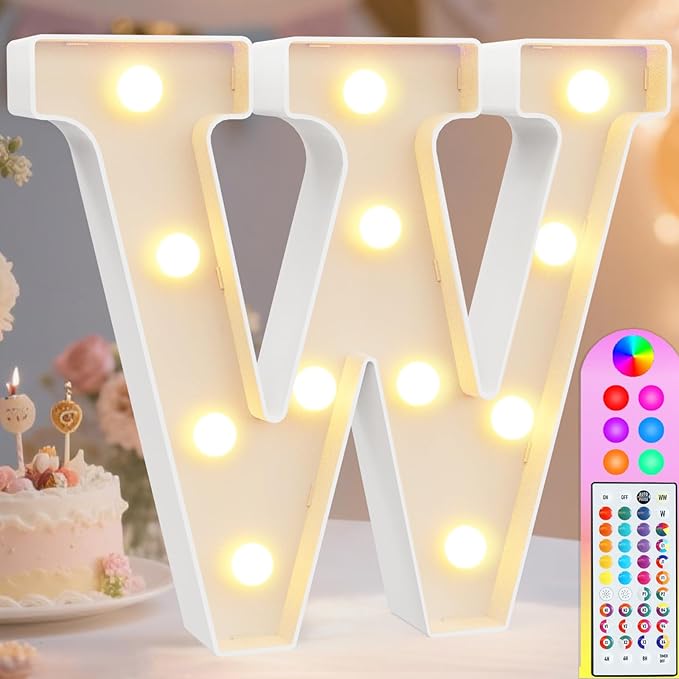 Pooqla Colorful Light Up Letters with Remote, Upgraded 35 Colors LED Marquee Letters, RGB Lighted Letter for Girls Teenager Gift, Birthday, Party, Wedding, Night Light, Room, Bedroom Decor, Letter W