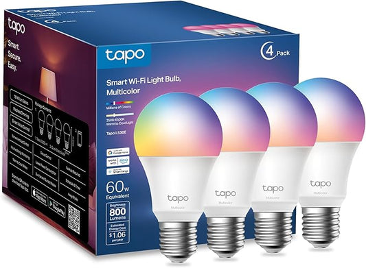 TP-Link Tapo Smart Light Bulbs, 16M Colors RGBW, Dimmable, Compatible with Alexa and Google Home, A19, 60W Equivalent, 800LM CRI>90, 2.4GHz WiFi only, No Hub Required, Tapo L530E(4-Pack)