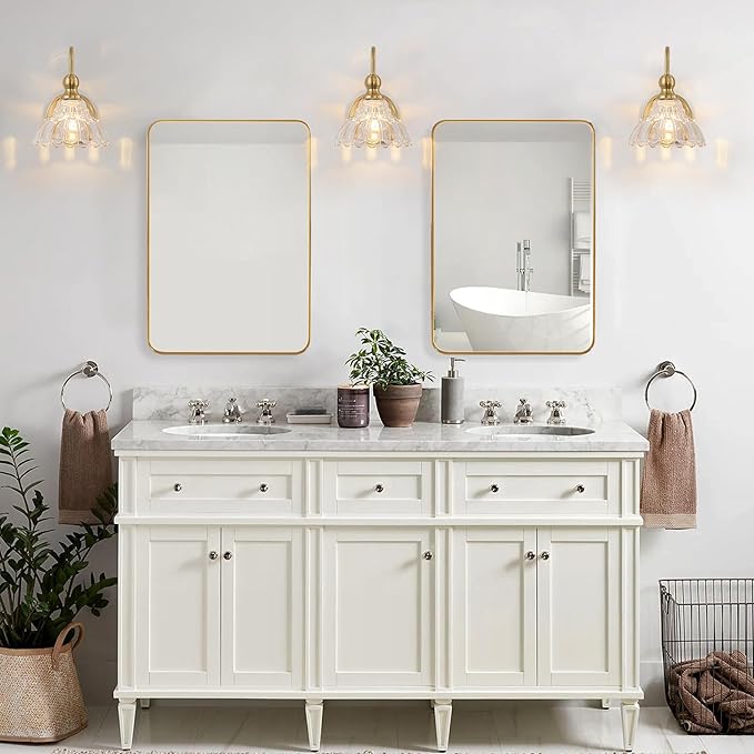 Vintage Bathroom Light Fixtures Over Mirror, 1-Light Brass Wall Sconce Lighting with Flower Glass Shade, Farmhouse Vanity Lights for Bedroom Kitchen Living Room Hallway Light