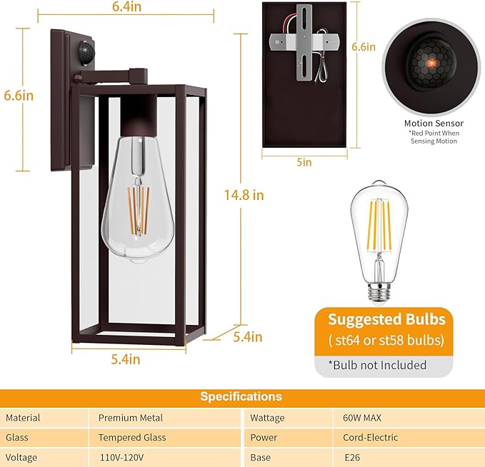 15'' Oil Rubbed Bronze Motion Sensor Outdoor Front Porch Light Fixtures Wall Mount, 2 Pack Waterproof Exterior Wall Sconce, Large Lantern Lamp,Outside Coach Light for House,Garage,Yard
