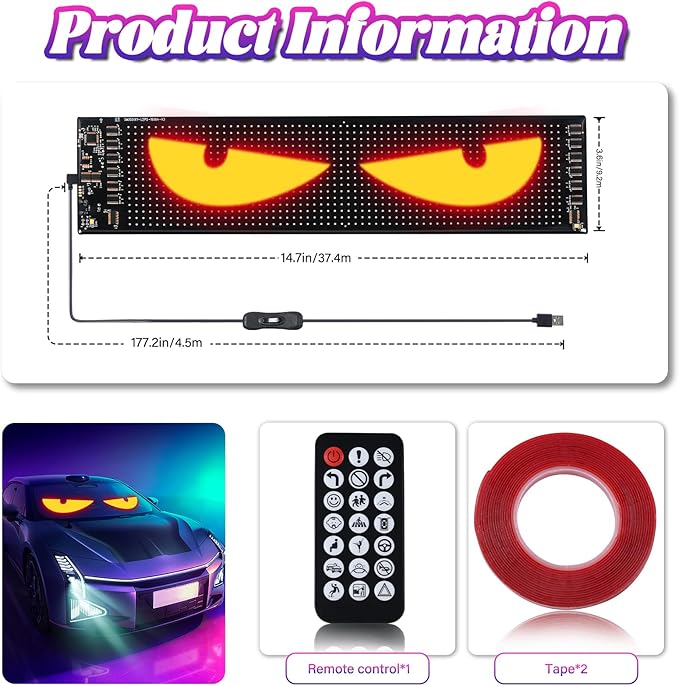 Devil Eyes for Car Windshield 14.7" x 3.6"- Dynamic RGB Car Accent Lights, Wireless App Control & DIY Text- Easy Peel-and-Stick Installation Warning Lights Universal Fit for Cars, Trucks