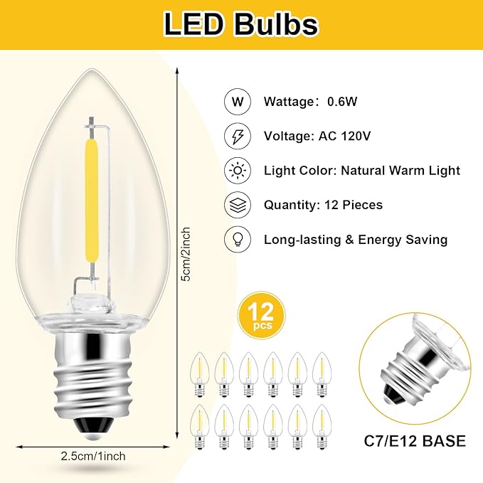 2Pack Accessory Cord with 12 LED Light Bulbs and Outlet Christmas Village Light 11.6FT White Cord with Spare Fuse Warm White C7 Lamp for Halloween Pumpkins Christmas Village Houses Craft Decoration
