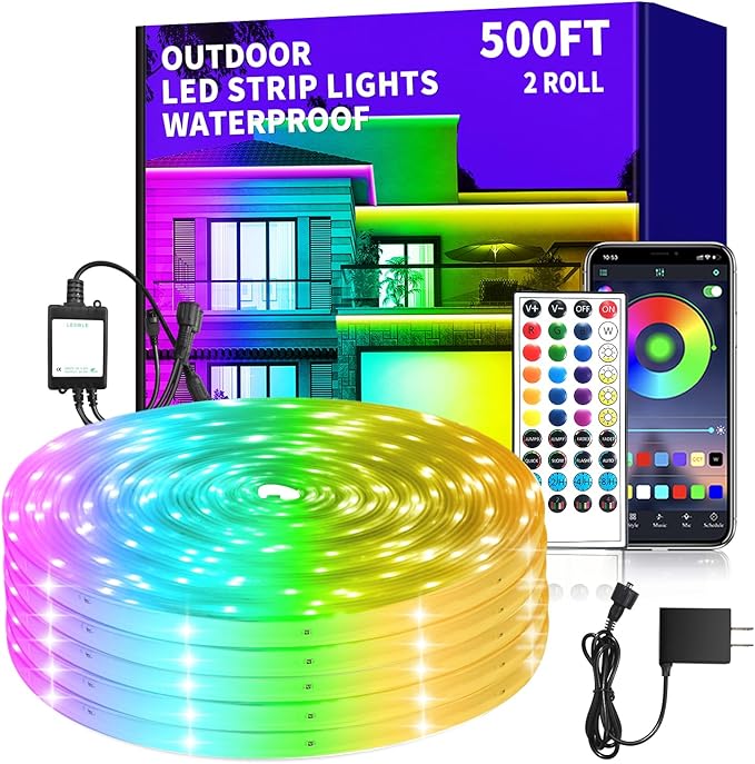 500ft Outdoor LED Strip Lights Waterproof,IP68 Waterproof LED Light Strips with Remote,App Control Music Sync RGB Outdoor LED Rope Lights,LED Lights for Bedroom,Roof,Pool（2 Rolls of 250ft ）