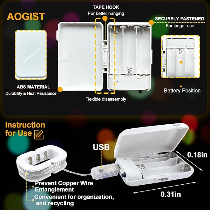 Aogist 50LED Fairy Lights 16ft Dual Power(USB/Battery) with Remote & Timer, 8 Modes Flexible Copper Wire Waterproof String Lights for Outdoor Christmas Wedding Bedroom Party Decor-1 Pack,Multicolor