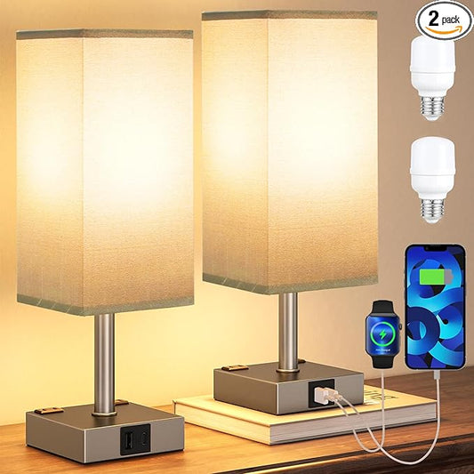 aooshine Dark Grey Touch Lamps Set of 2 - Nightstand Lamp with USB-C + A Charge Ports & AC Outlets, 3-Way Dimmable Bedside Lamp, Small Table Lamp Light for Bedroom (Bulb Included)