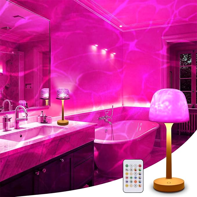 Spa-Like Shower Lamp, Waterproof Bathroom Lamp, Rechargeable Shower Light with Touch & Remote Control, with 16 Color Ocean Wave Projector, Cordless Light for Inside Shower/Bathtub