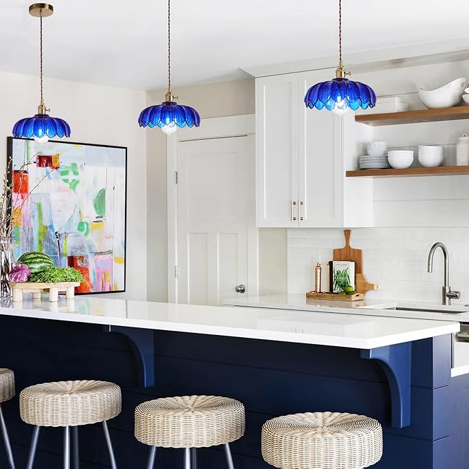 Pendant Lights Kitchen Island:Vintage Blue Pendant Light Fixtures Glass Small Pendant Light Dining Room, Blue Hanging Lamps for Living Room, Schoolhouse, Entryway, Foyer, E26