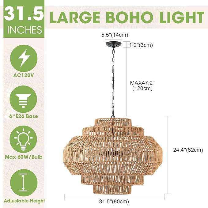 Large Rattan Chandelier Boho Pendant Light Fixture Dinning Room Chandelier Boho Hanging Light 31.5IN Basket Light Woven Rattan Pendant Light for Kitchen Island Hallway Bedroom Farmhouse Living Room