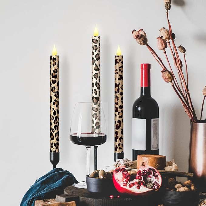 Honoson 6 Pcs Leopard Flameless Taper Candles 10.6 Inch Cheetah Print Candles Battery Operated LED Candlesticks for Animal Theme Birthday Party Dinner Table Home Bathroom Decor