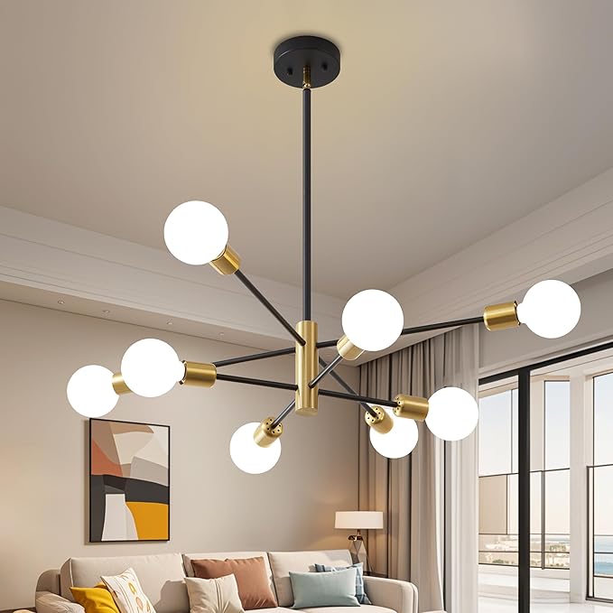 Sputnik Chandelier Mid Century Modern Industrial E26 Pendant Lighting Chandeliers Ceiling Light Fixture Black and Gold Light for Living Room,Kitchen,Bedroom,Dining Room and Farmhouse