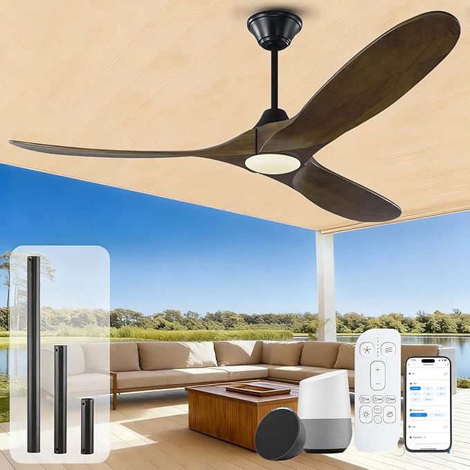 60 Inch Outdoor Ceiling Fans for Patios with Light, Smart Wood Ceiling Fan Alexa Wifi Control, Rustic Farmhouse 3 Blade Propeller Style, High CFM Quiet DC Motor, for Indoor Exterior, Black and Walnut