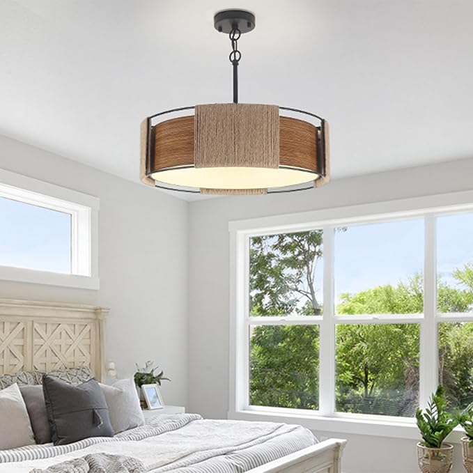 19.7'' Rattan Chandelier, 4-Light 2-Layer Shade Chandelier Rustic Rattan and Metal Wood Grain Round Pendant Kitchen Island Lighting Hanging Drum Chandeliers for Dining Room Foyer Entryway Living Room
