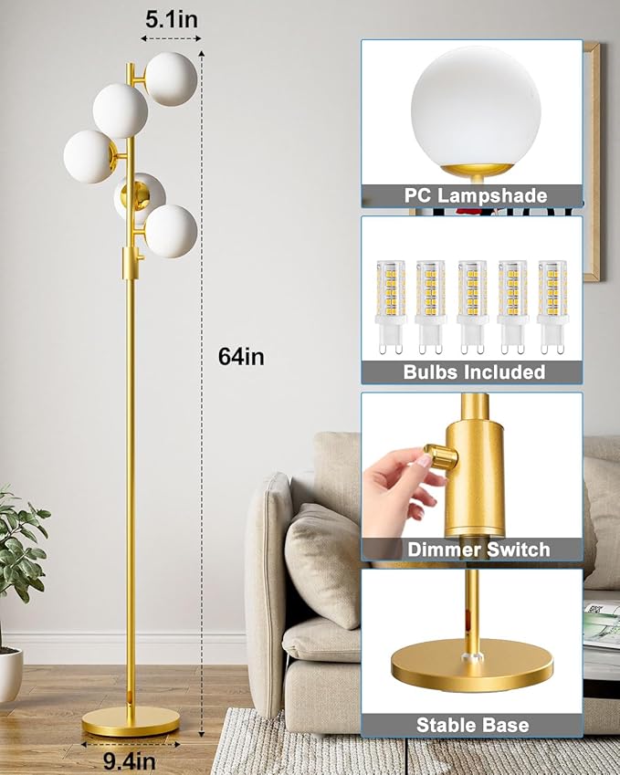 Lightdot Dimmable Globe Floor Lamp Mid Century Modern Floor Lamp with 5Pcs 3000K Bulbs Included Brightness Adjustable Gold Standing Lamps for Living Room Bedroom/Sofa Beside/Corner Decor