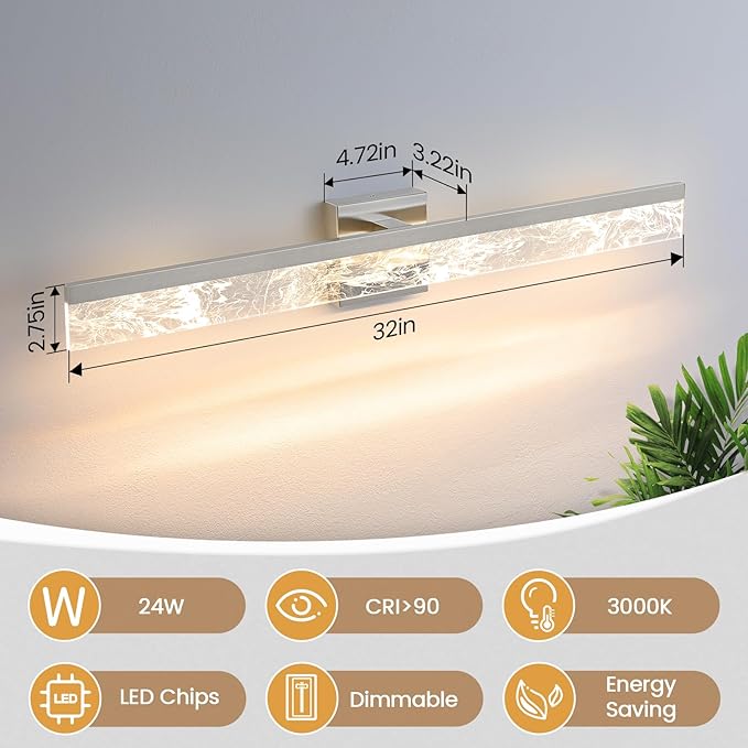 Bathroom Light Fixtures Over Mirror, 32 Inch Brushed Nickel Vanity Lights for Bathroom, 24W Dimmable LED Modern Vanity Lighting Fixtures for Living Room Paintings 3000K