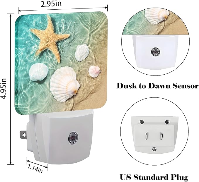 Starfish and Seashell On Beach Night Light,Plug Into Wall Decor for Stairway,Hallway,Kitchen,Dusk to Dawn Sensor Nightlights for Boys/Girls/Women/Men Room Gifts