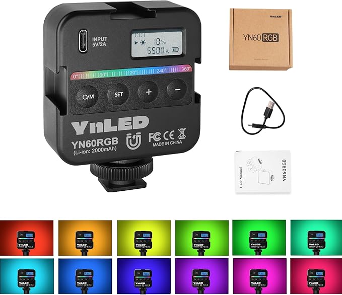 YONGNUO YN60 RGB LED Mini Lights, Camera Video Light 360 Full Color Portable Photography Lighting w 3 Cold Shoe, 2000mAh Rechargeable CRI 95+ 2500-9500K Dimmable Panel Lamp Support Magnetic Attraction