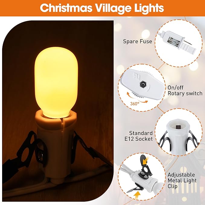 Leelosp 1 Pc Christmas Village Lights, 3 Base C7 String Bulbs Christmas Village Light Cord with ON/Off Switch Spare Fuse, 9.8ft Blow Mold Light Kit for Xmas Mini House, Ceramic Crafts Decor