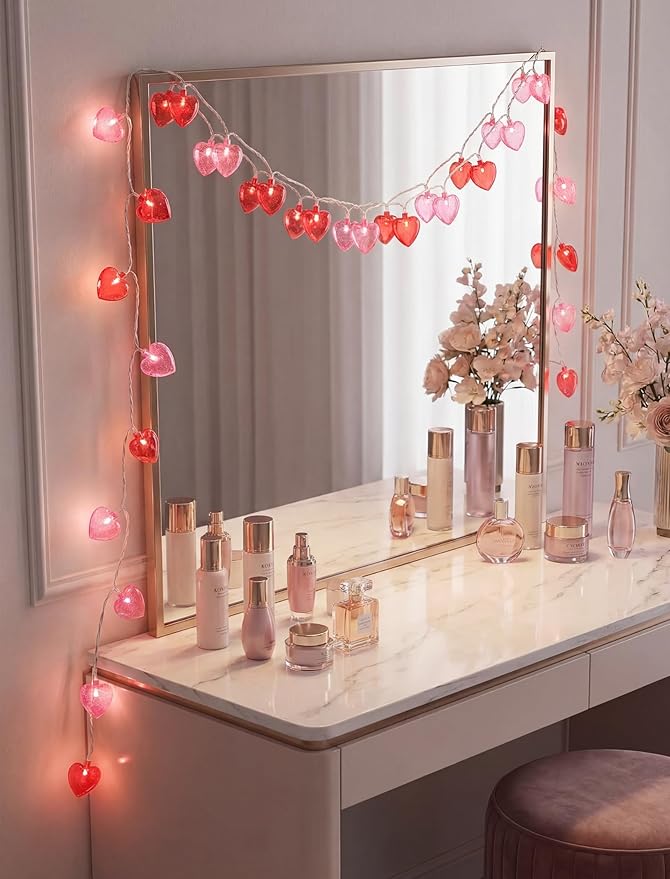 Valentine's Day Decor 8.5Ft Heart Fairy String Lights with 10 Red Pink 3D Lights, Plug in Valentine's Day Love Heart String Lights for Indoor Outdoor Patio Wedding Anniversary Party Decorations