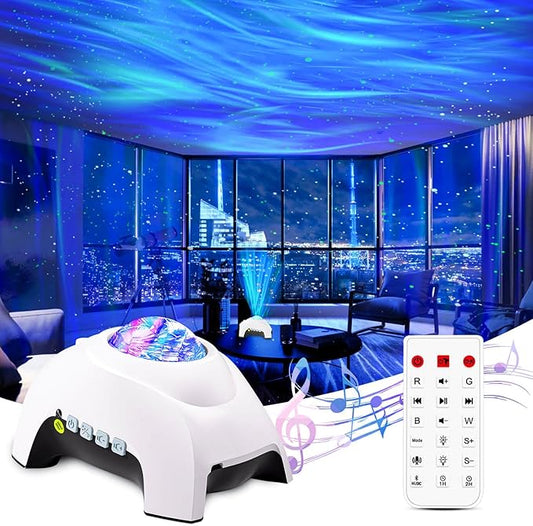 Aurora Star Projector with Bluetooth Speaker & White Noise – Northern Lights Galaxy Night Light for Bedroom, Remote Control Ceiling Projector for Kids & Adults, Home Theater Decor (White)