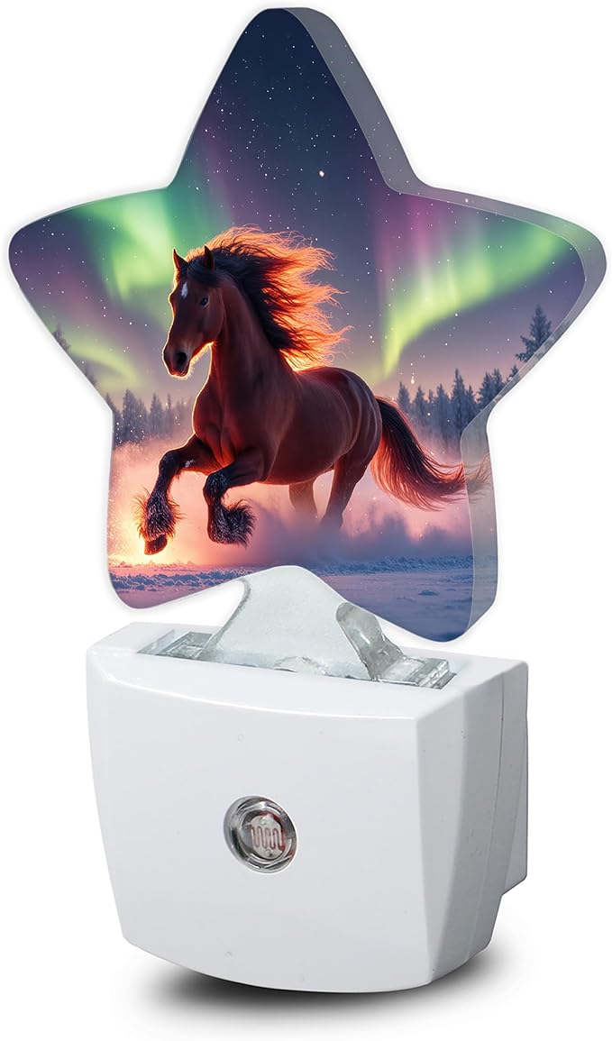Winter Horse Nightlight,Aurora Forest Star Night Lights Plug into Wall Decorations for Bedroom Bathroom,Dusk to Dawn Sensor Kitchen Hallway Stairs Energy Efficient Desk Lamp