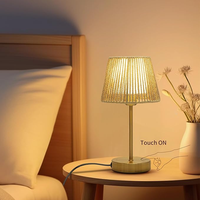 ONEWISH Touch Bedside Table Lamps Set of 2, 14.2" Boho Lamp 3 Way Dimmable, Rope lamp for Bedroom Nightstand Farmhouse, LED Bulb Included(Gold)
